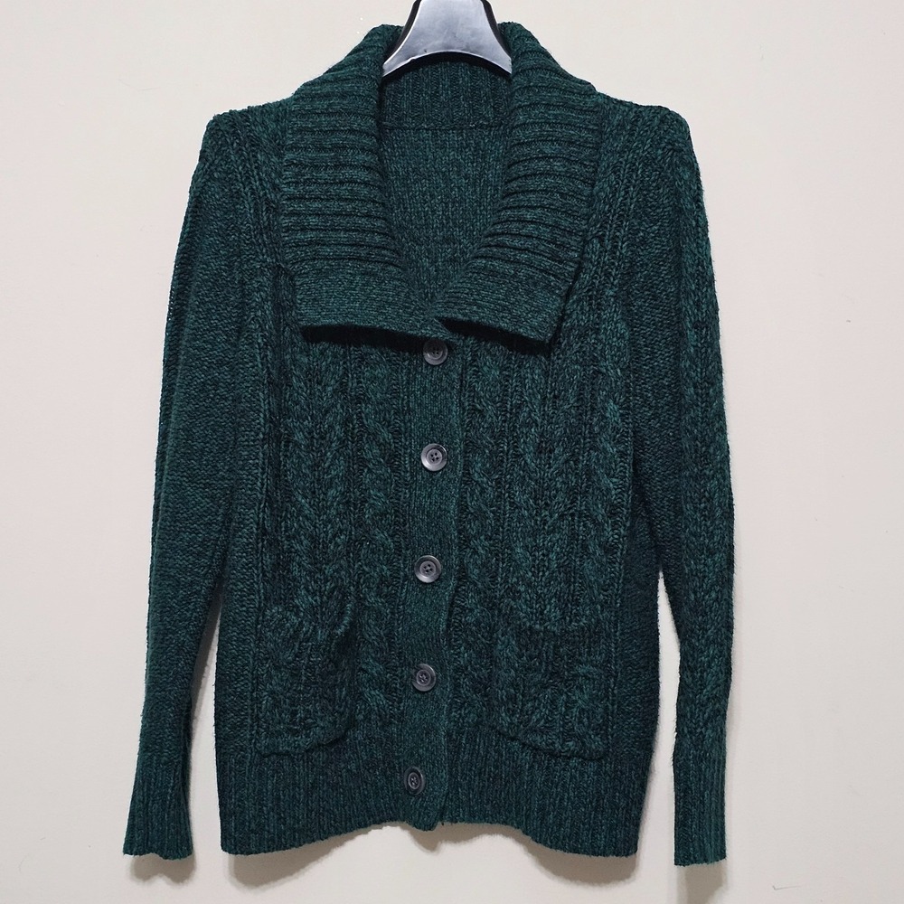 Women Cardigan Large 12 Green Long Sleeve Front Pockets Front Button Collar 0558